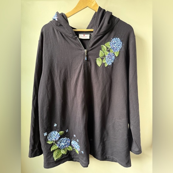 QUACKER FACTORY Hyacinth Hoodie Embroidered‎ Floral Full Zip Sweatshirt Black XL - Picture 1 of 7